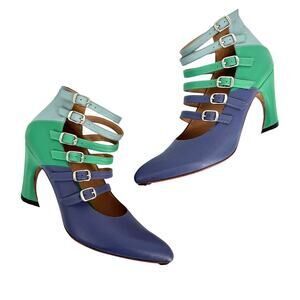 Fluevog Heels Watusi Blue Multi Strap Pump Mary Jane Heels Blue Green Size 10